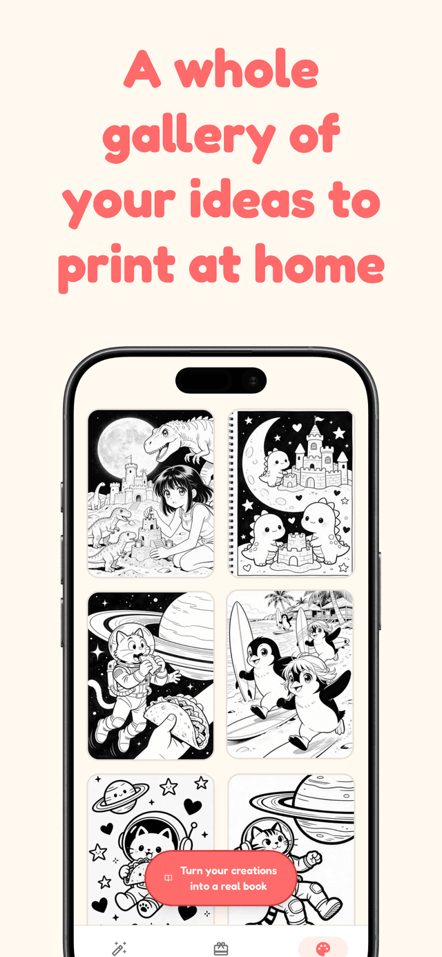 Crayon Dreaming app showing a generated colouring page