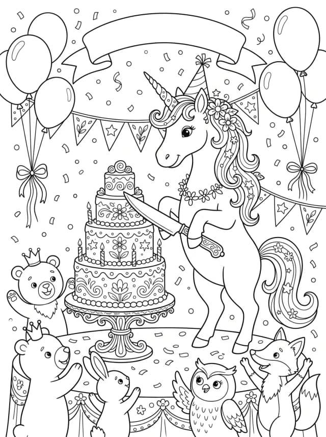 Black-and-white storybook colouring page: A unicorn cutting a four-tier birthday cake at a party