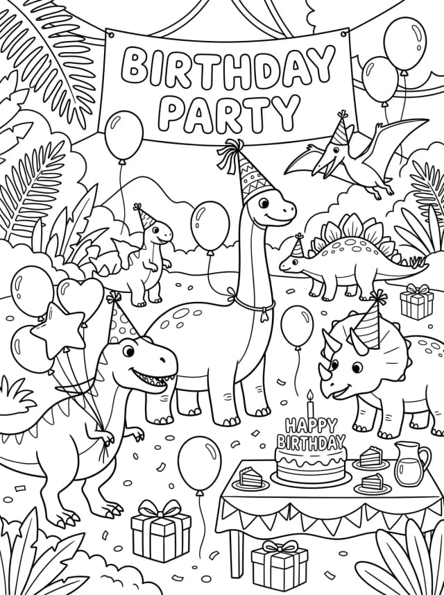 Black-and-white cartoon colouring page: A dinosaur birthday party with party hats and balloons