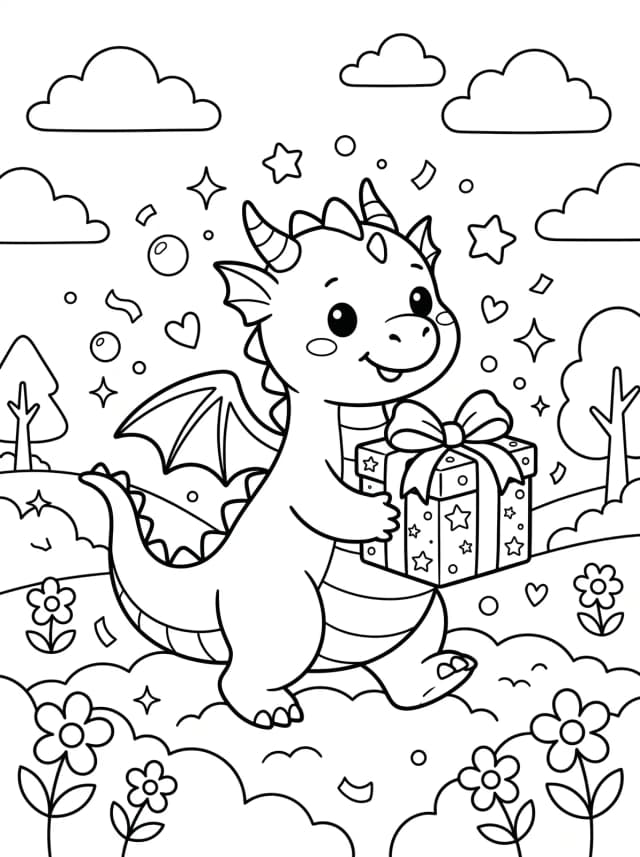 Black-and-white kawaii colouring page: A friendly dragon delivering a wrapped birthday present