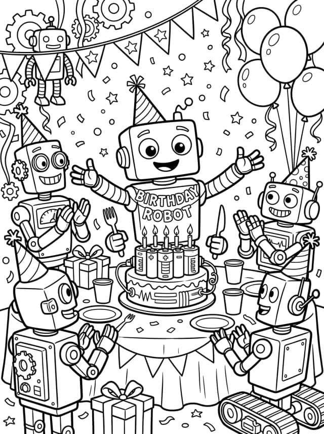 Black-and-white comic colouring page: A robot birthday with a battery-shaped cake and party hats