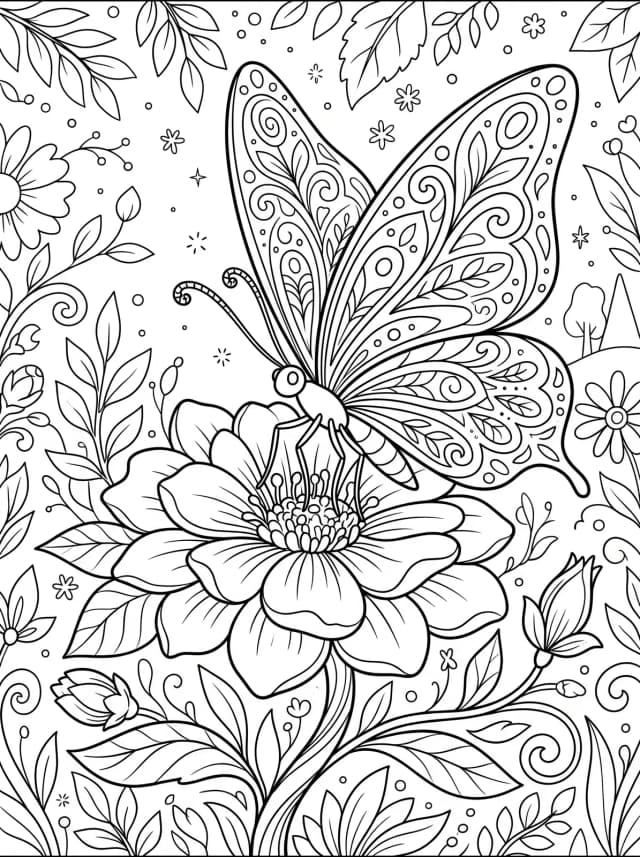 Black-and-white storybook colouring page: A large butterfly with patterned wings resting on a flower