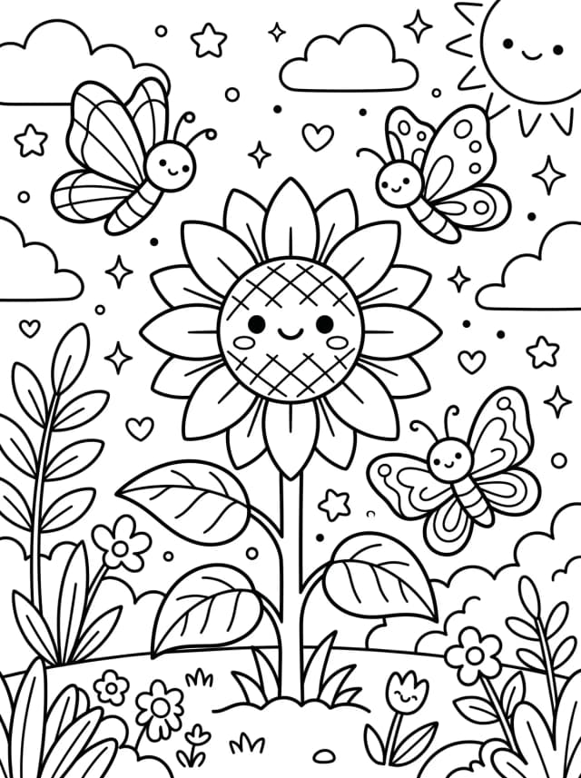 Black-and-white kawaii colouring page: Three small butterflies flying around a sunflower