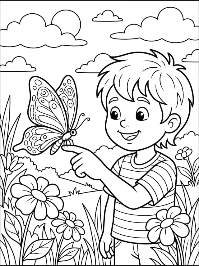 Black-and-white cartoon colouring page: A butterfly landing on a child's outstretched finger