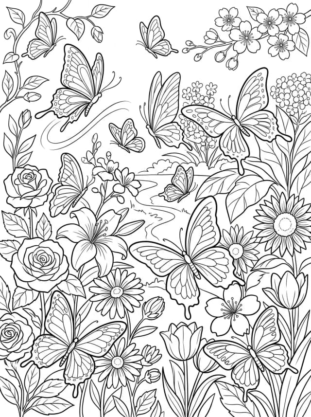 Black-and-white anime colouring page: A garden full of different butterflies and blooming flowers