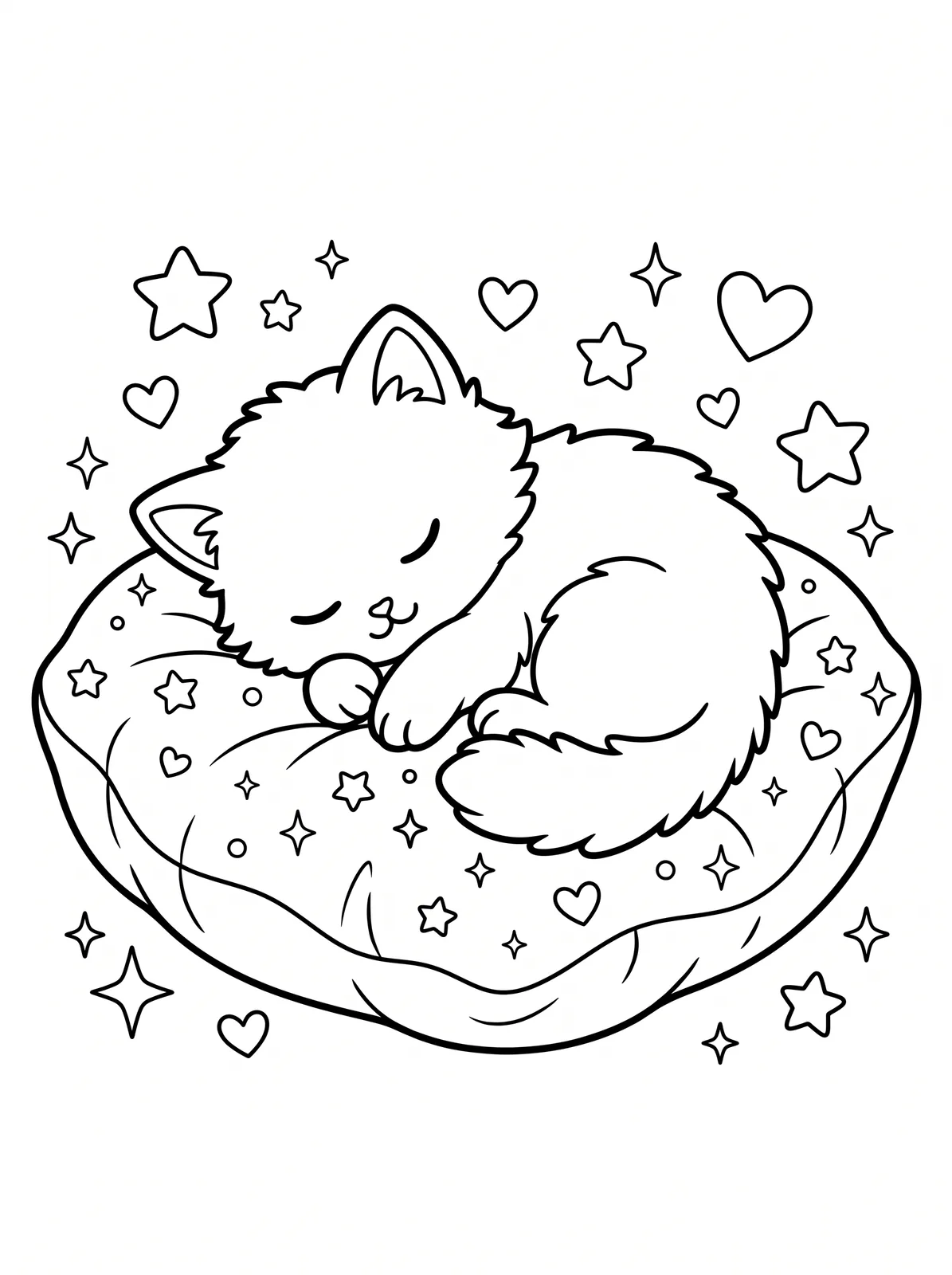 Black-and-white kawaii colouring page: A fluffy kitten curled up sleeping on a soft cushion