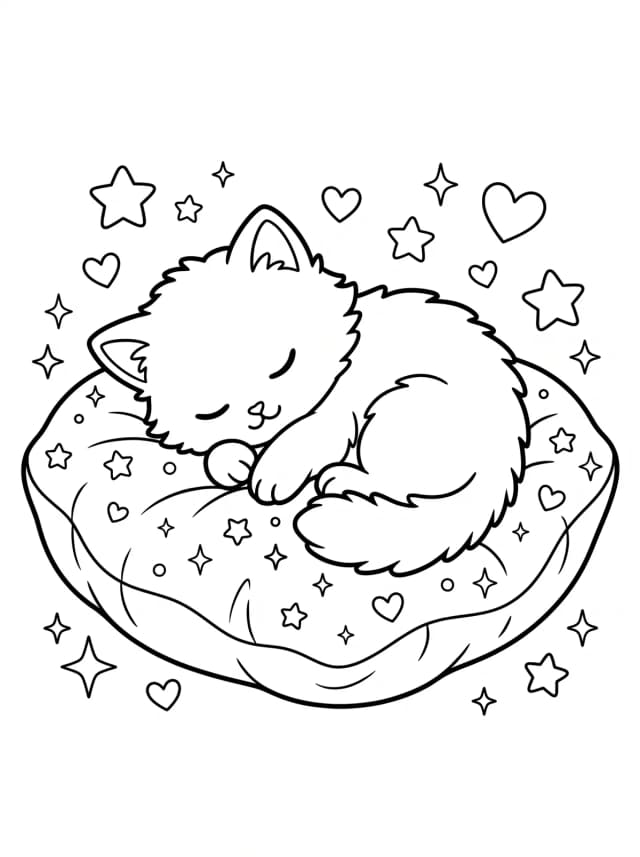 Black-and-white kawaii colouring page: A fluffy kitten curled up sleeping on a soft cushion