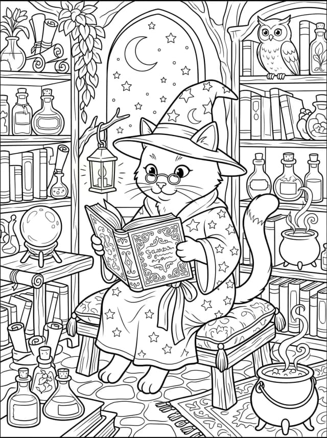 Black-and-white storybook colouring page: A cat wearing a little wizard hat reading a book of spells