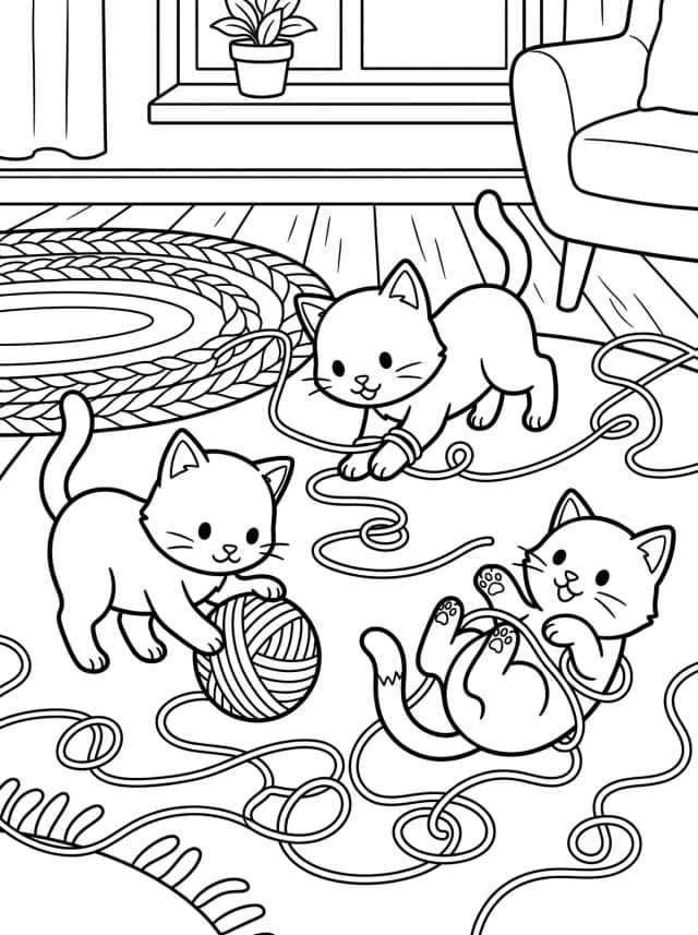 Black-and-white cartoon colouring page: Three kittens playing with a ball of yarn that has unravelled across the floor