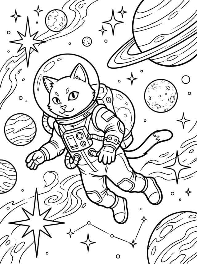 Black-and-white comic colouring page: A cat astronaut floating in space surrounded by stars and planets