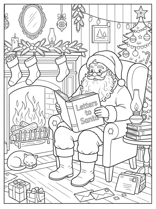 Black-and-white storybook colouring page: Father Christmas reading a book of letters by the fire
