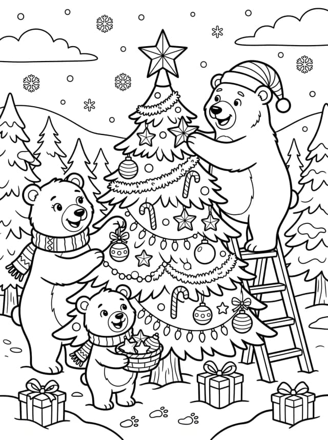 Black-and-white cartoon colouring page: A polar bear family decorating a Christmas tree together