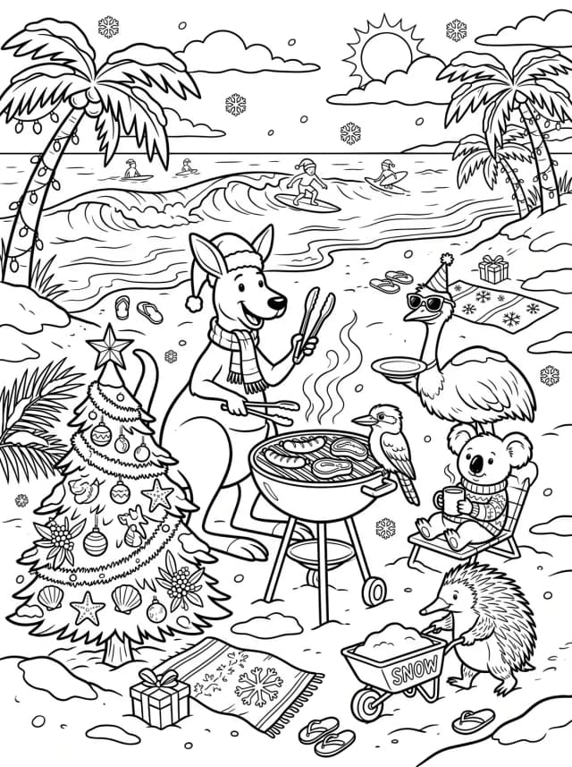 Black-and-white comic colouring page: A beach Christmas at sunset with a barbecue