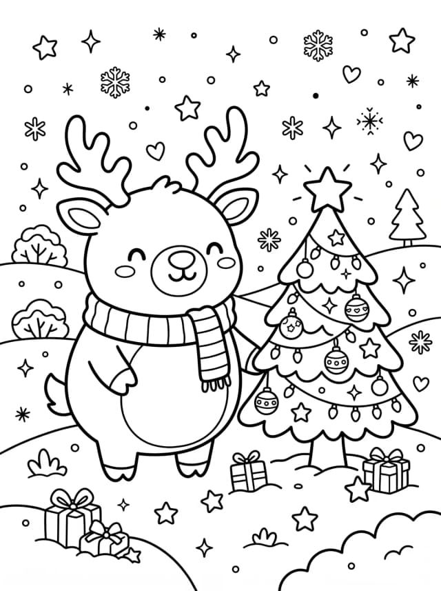 Black-and-white kawaii colouring page: A round chubby reindeer next to a small Christmas tree
