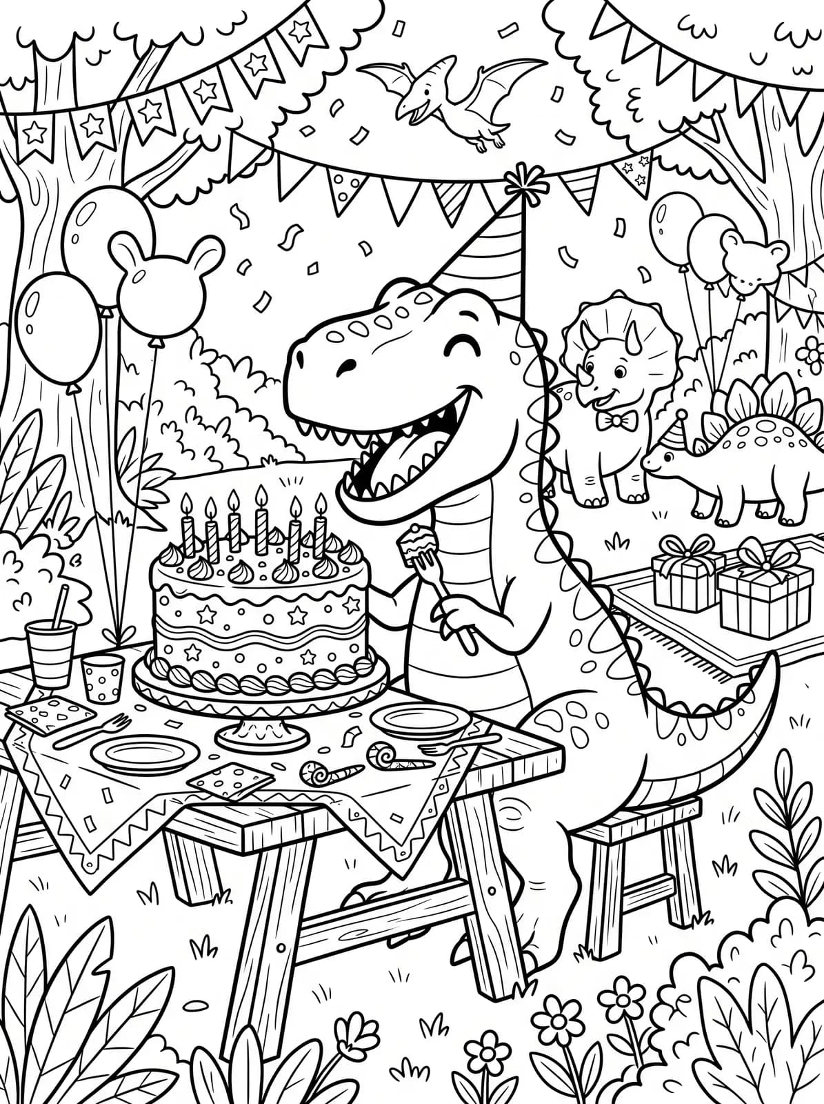 Black-and-white cartoon colouring page: A friendly T-Rex eating birthday cake at a party
