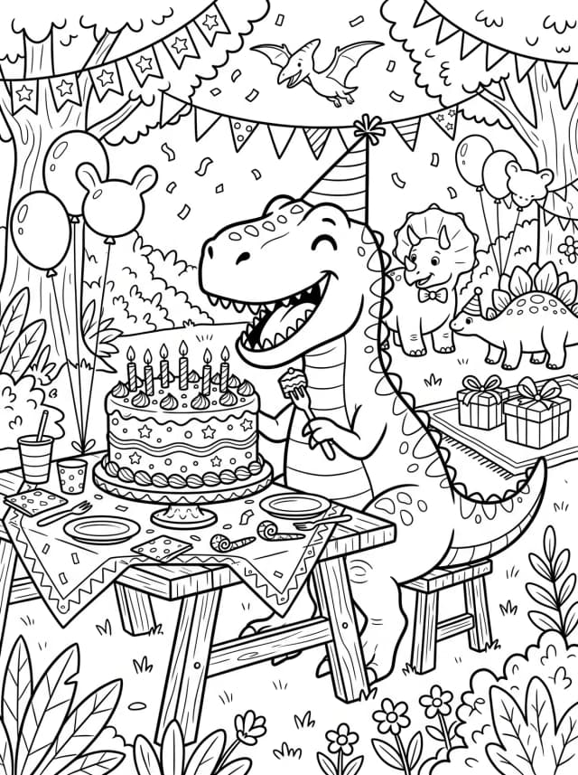 Black-and-white cartoon colouring page: A friendly T-Rex eating birthday cake at a party