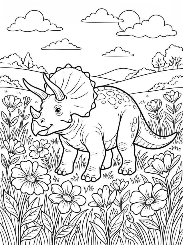 Black-and-white storybook colouring page: A triceratops standing in a meadow of large flowers