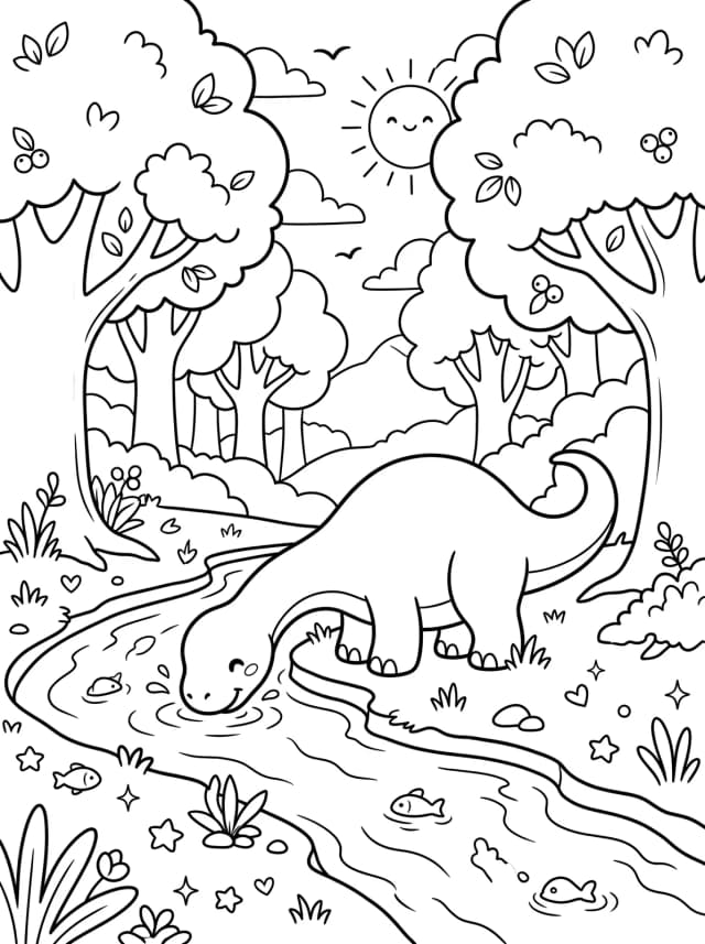 Black-and-white kawaii colouring page: A baby brontosaurus drinking water from a forest stream