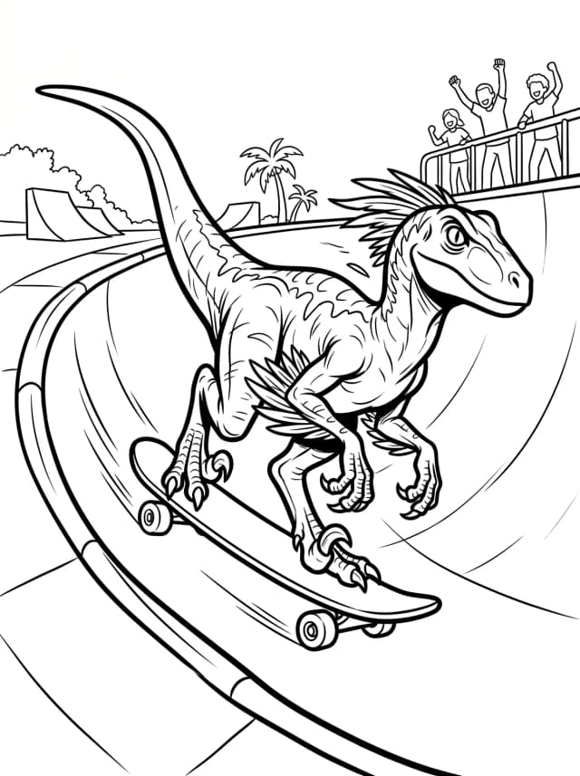 Black-and-white comic colouring page: A velociraptor riding a skateboard down a half-pipe