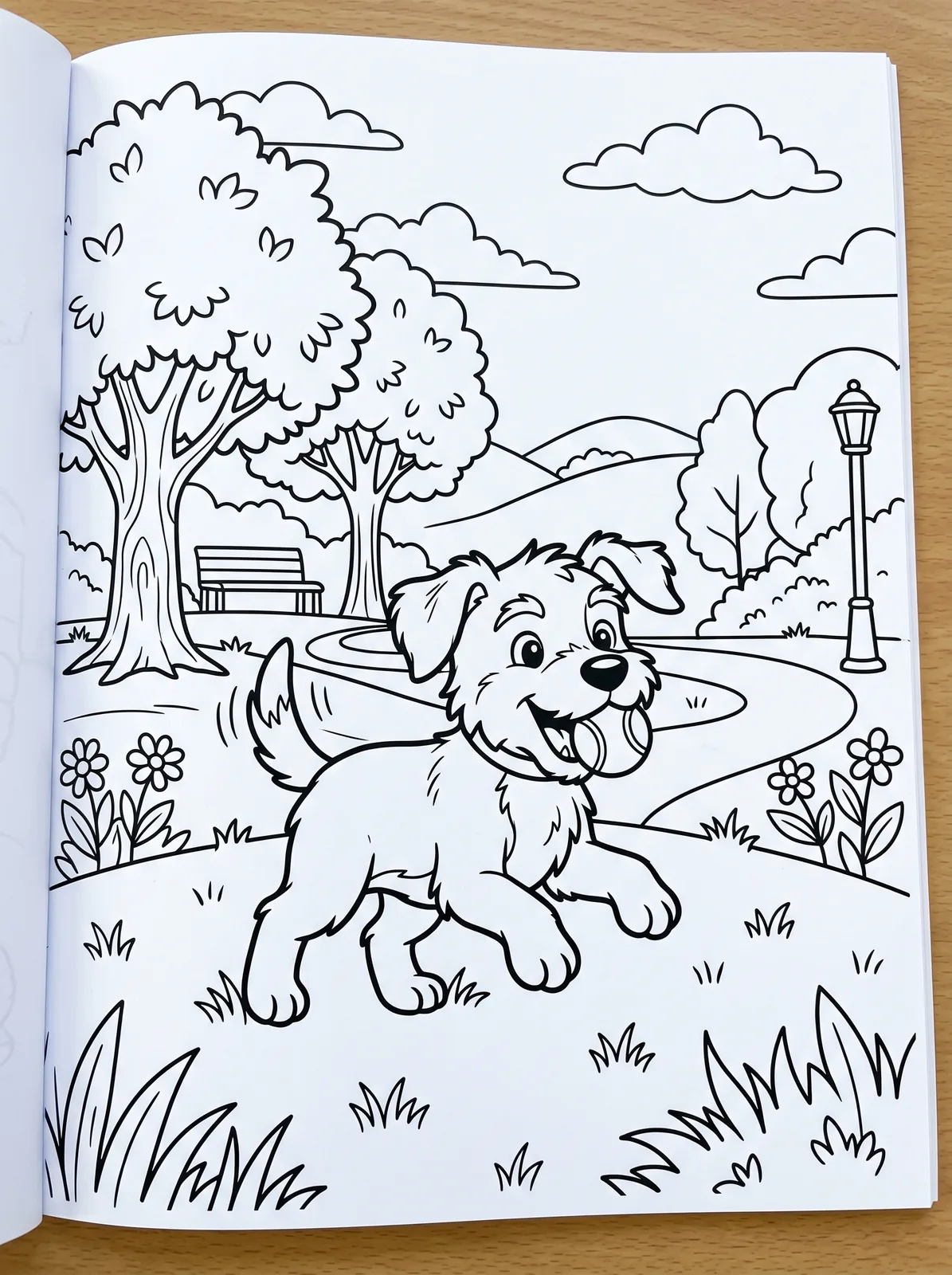 Black-and-white cartoon colouring page: A happy puppy fetching a ball in a park