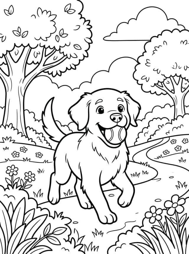 Black-and-white cartoon colouring page: A happy puppy fetching a ball in a park