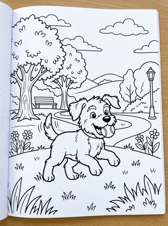 Black-and-white cartoon colouring page: A happy puppy fetching a ball in a park