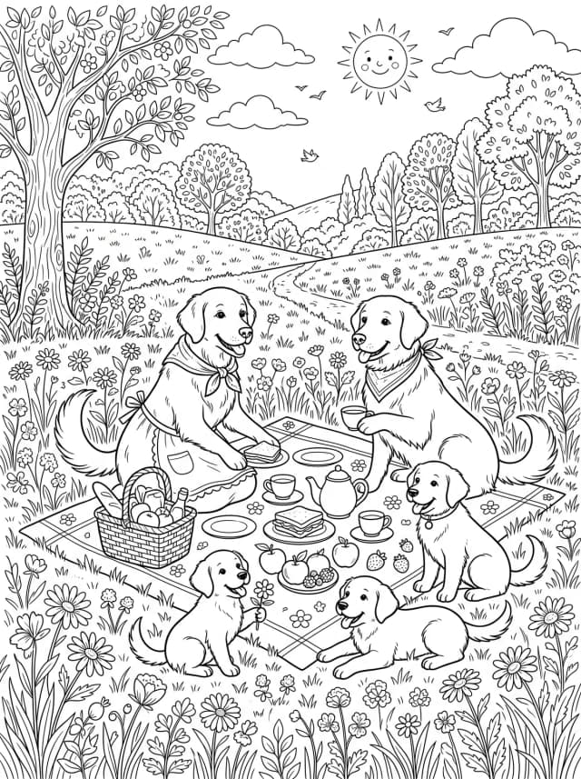 Black-and-white storybook colouring page: A golden retriever family having a picnic in a meadow