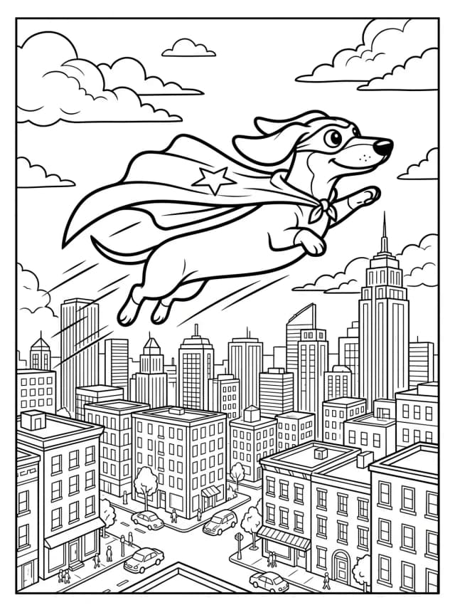 Black-and-white comic colouring page: A dachshund wearing a superhero cape flying over a city
