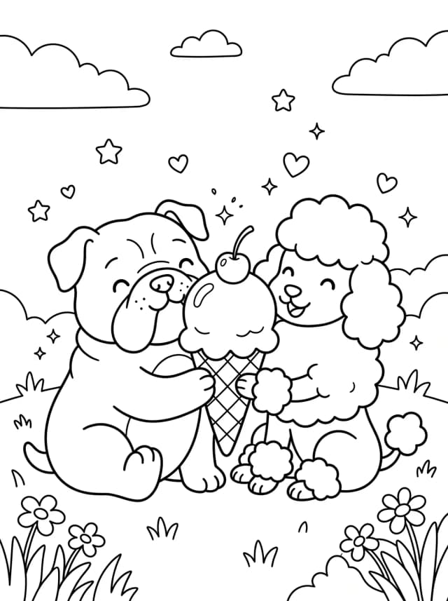 Black-and-white kawaii colouring page: A bulldog and a poodle sharing an ice cream cone