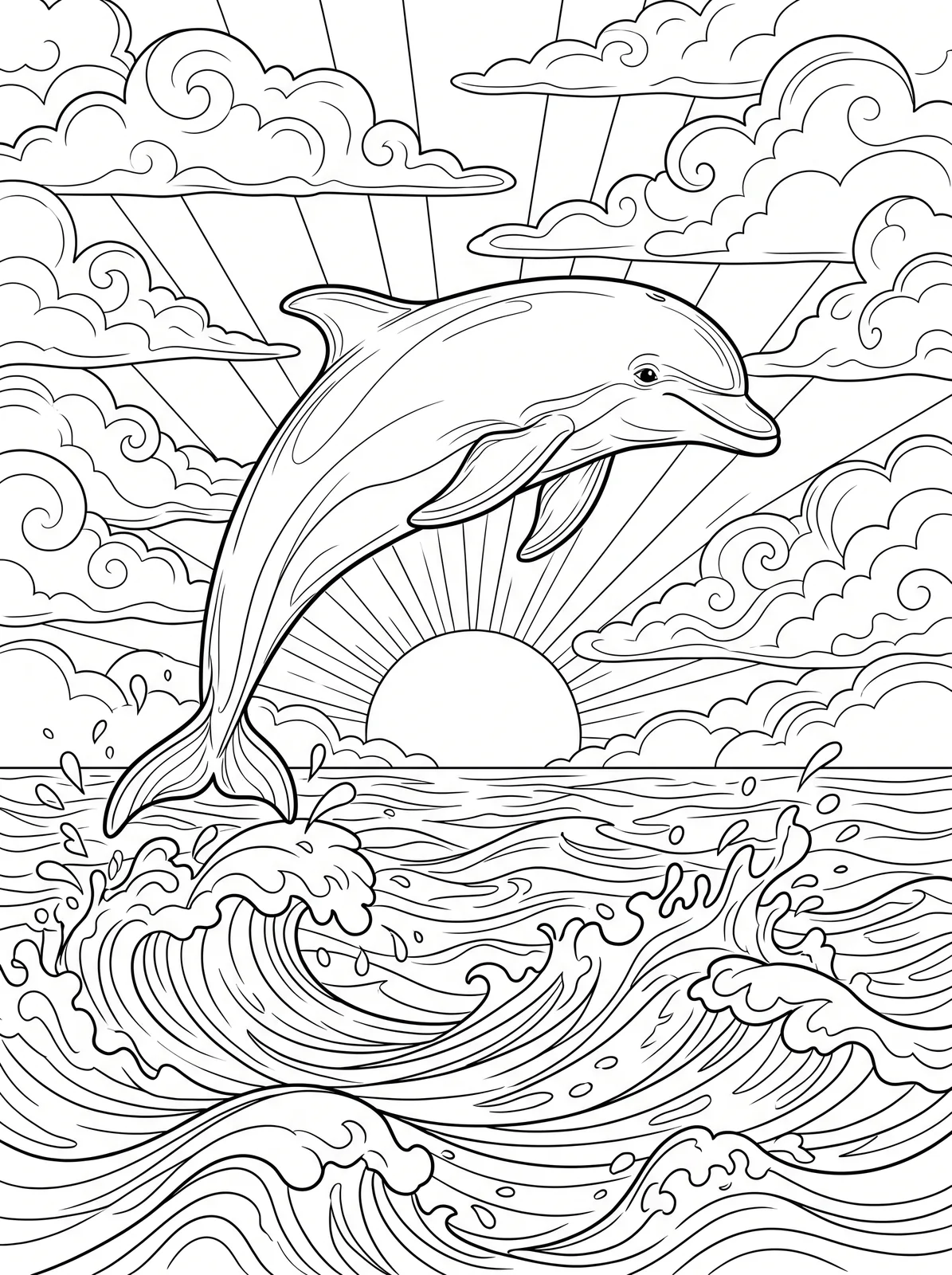Black-and-white storybook colouring page: A dolphin leaping out of the ocean at sunset