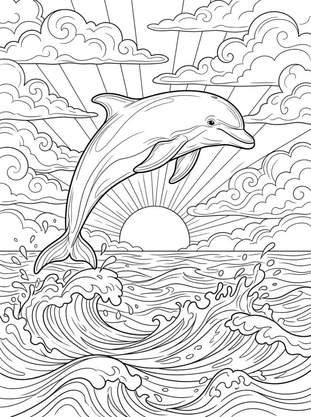 Black-and-white storybook colouring page: A dolphin leaping out of the ocean at sunset