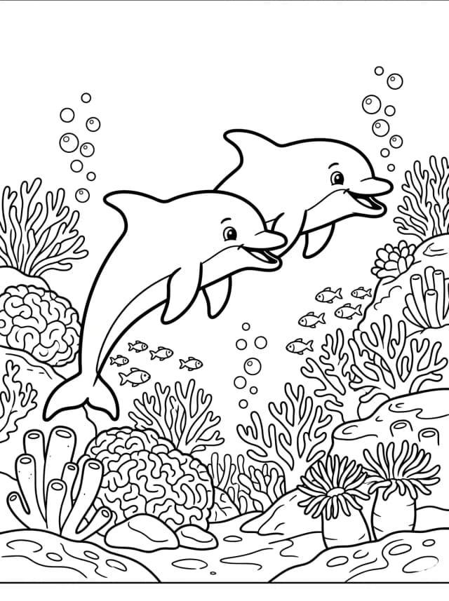 Black-and-white cartoon colouring page: Two dolphins swimming together through a coral reef