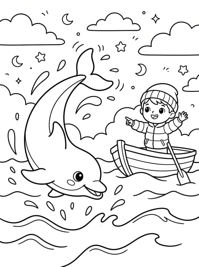 Black-and-white kawaii colouring page: A dolphin doing a flip while a child watches from a boat