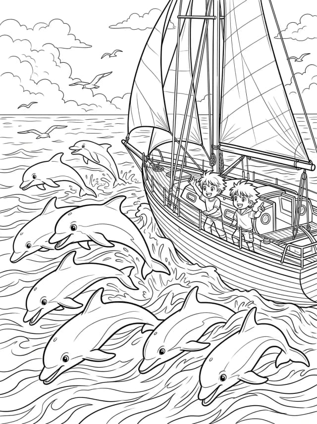 Black-and-white anime colouring page: A pod of dolphins racing alongside a sailboat