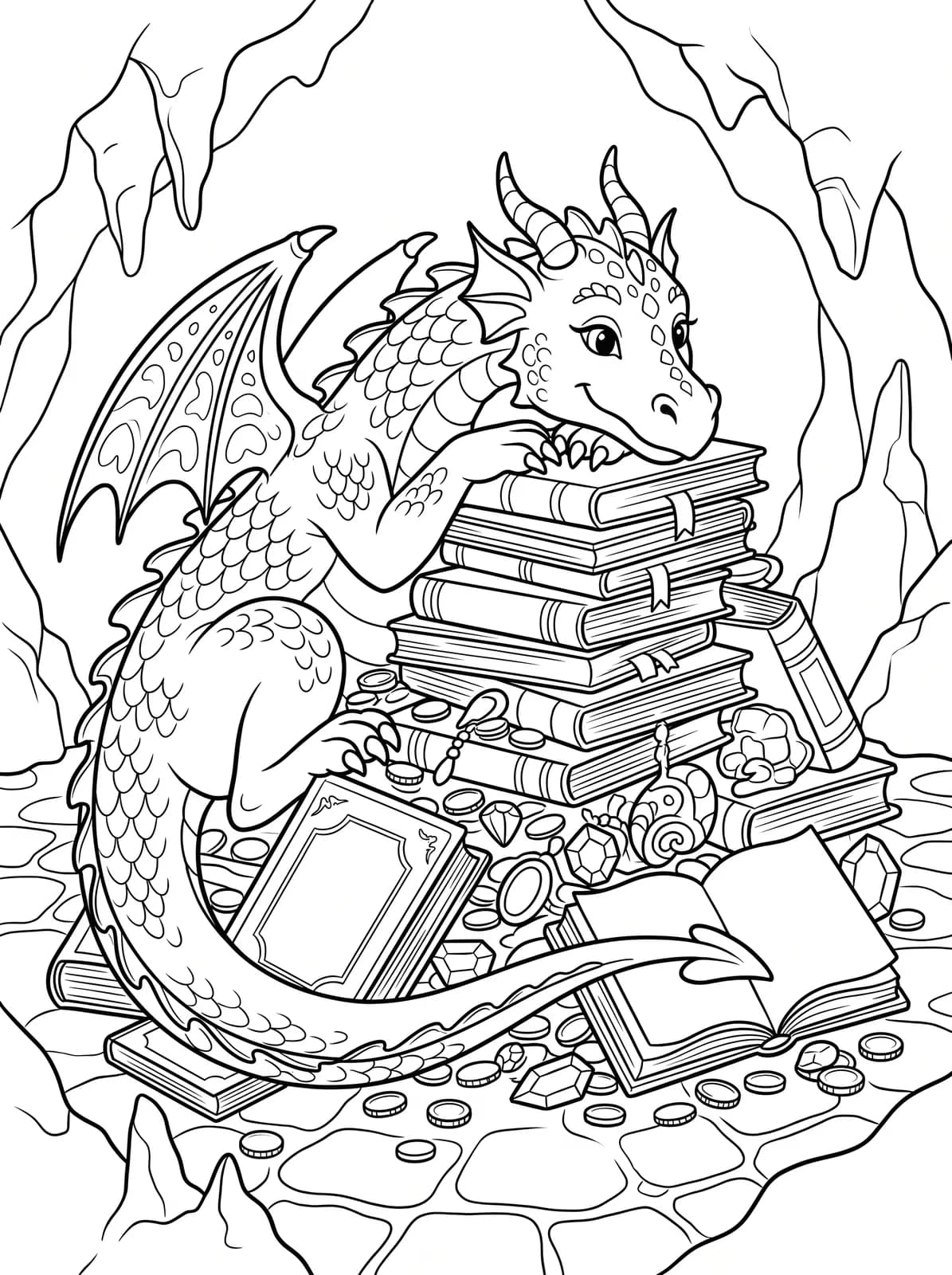 Black-and-white storybook colouring page: A friendly dragon curled around a stack of treasure and books