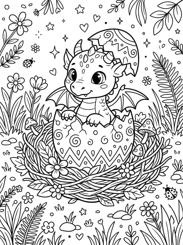 Black-and-white kawaii colouring page: A baby dragon hatching from an egg in a nest