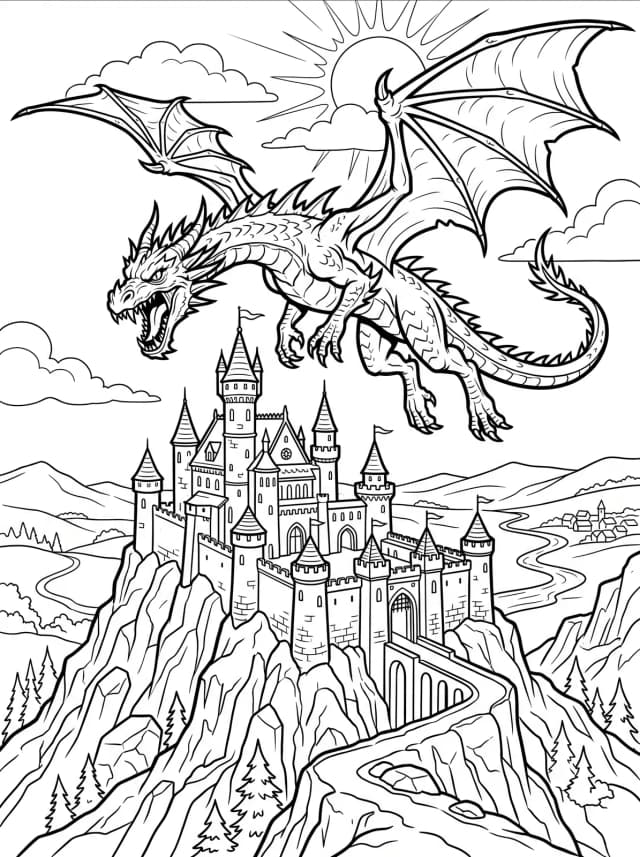 Black-and-white comic colouring page: A fierce dragon flying over a castle on a mountain