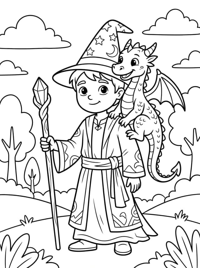 Black-and-white cartoon colouring page: A small dragon riding on the shoulder of a young wizard