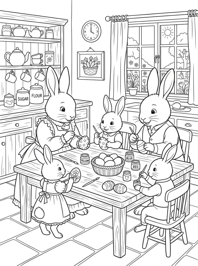 Black-and-white storybook colouring page: A bunny family painting Easter eggs at a kitchen table