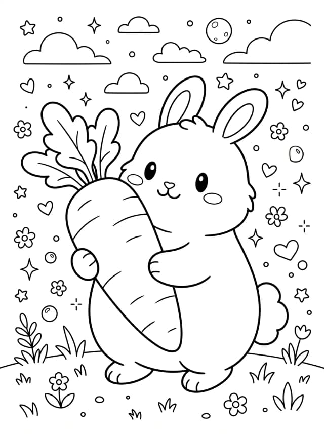 Black-and-white kawaii colouring page: A round chubby bunny holding a giant carrot