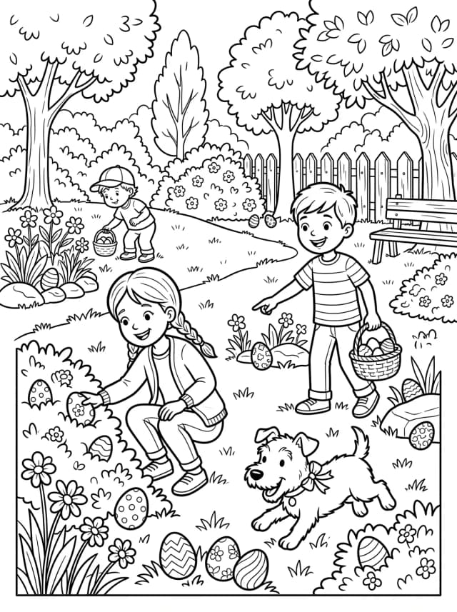 Black-and-white cartoon colouring page: An Easter egg hunt in a backyard with kids and a friendly dog