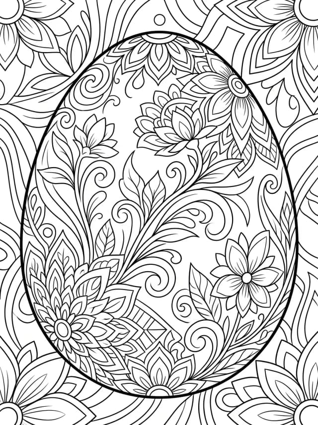 Black-and-white anime colouring page: A decorated Easter egg with intricate floral mandala patterns
