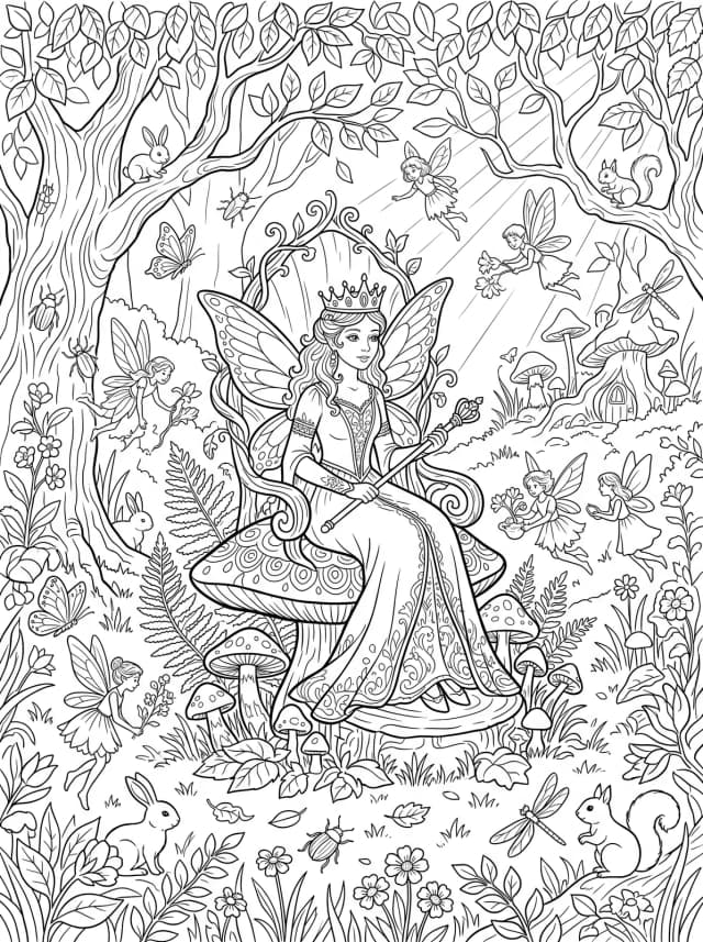 Black-and-white storybook colouring page: A fairy queen sitting on a mushroom throne in a forest glade