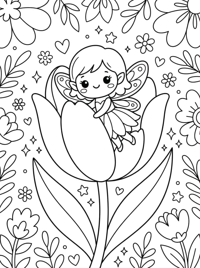 Black-and-white kawaii colouring page: A flower fairy peeking out from inside a tulip
