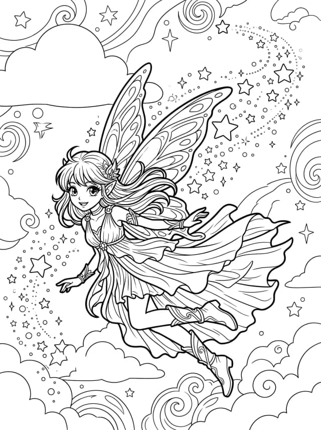 Black-and-white anime colouring page: A fairy mid-flight with a trail of stars behind her wings