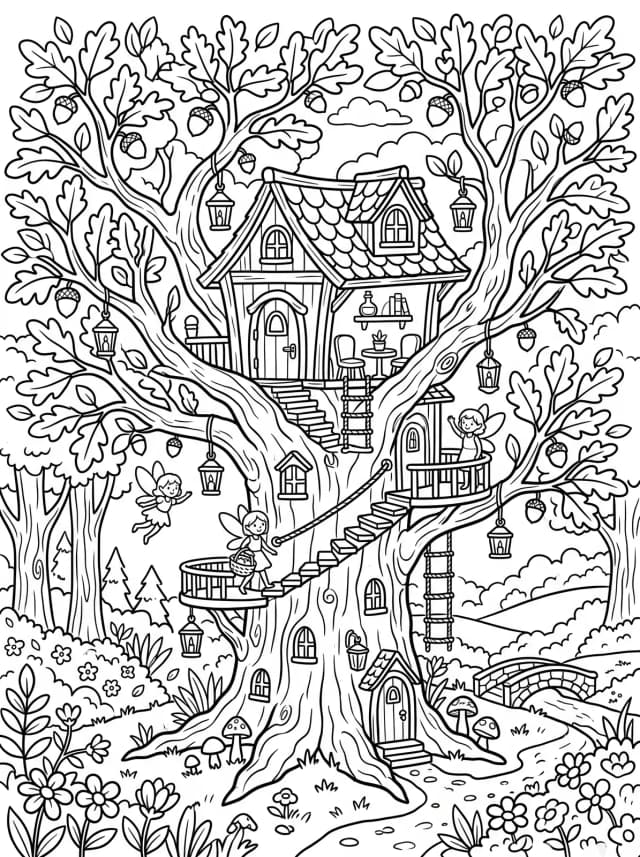 Black-and-white cartoon colouring page: A fairy treehouse in a tall oak tree with tiny lanterns