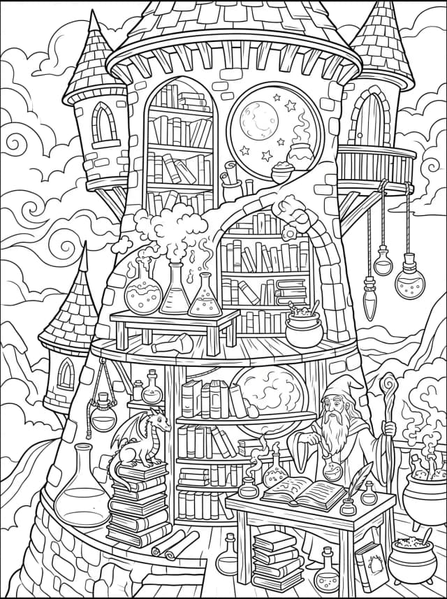 Black-and-white storybook colouring page for kids: A wizard's tower full of books and bubbling potions