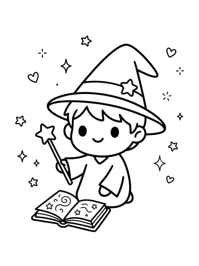Black-and-white kawaii colouring page for kids: A chibi wizard kid with a star wand and an open spellbook