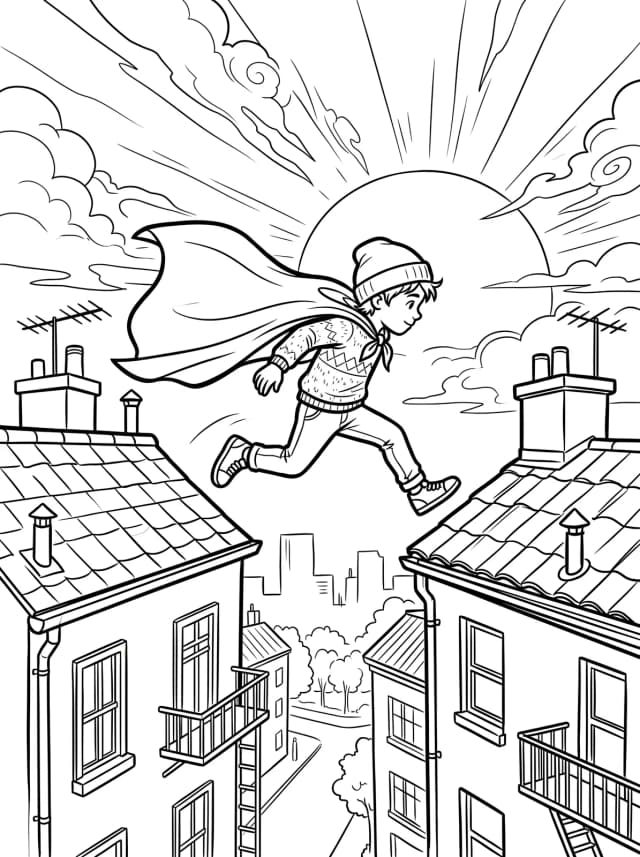 Black-and-white comic colouring page for kids: A child in a homemade cape leaping between rooftops at sunset