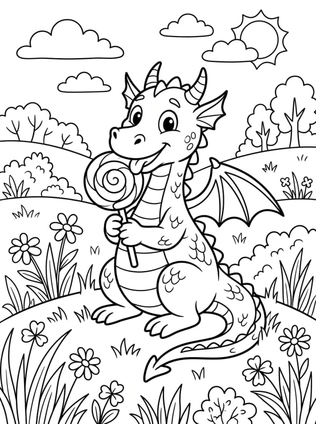Black-and-white cartoon colouring page for kids: A friendly dragon eating a lollipop in a meadow